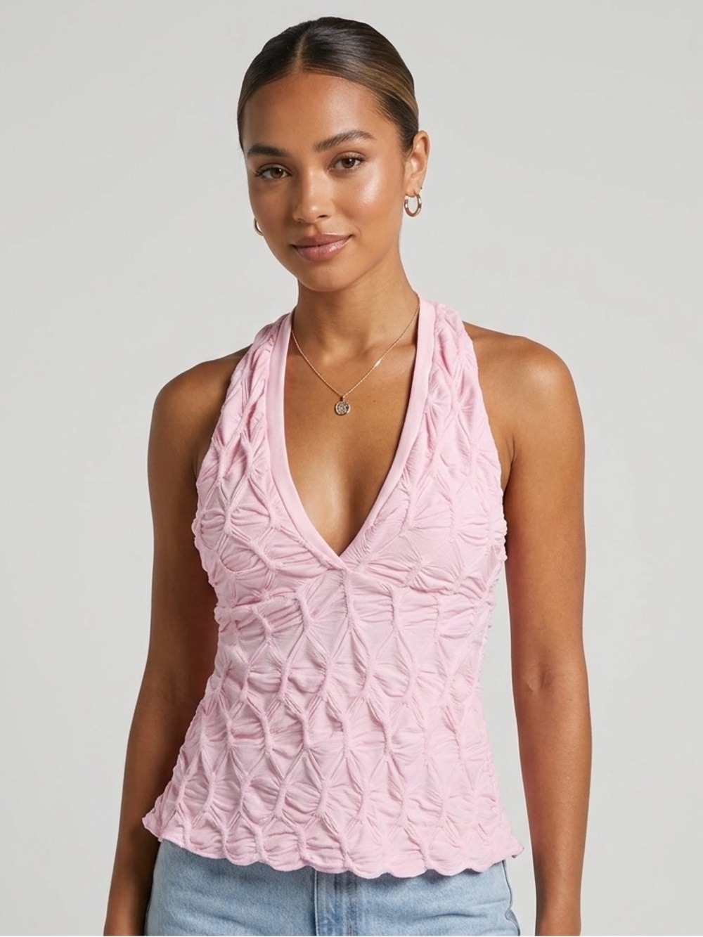 See you Monday Women’s Pink Textured V Neck Halter Top - NWT